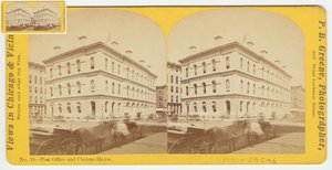 Stereogram Urzędu Pocztowego i Urzędu Celnego przed pożarem Chicago w 1871, 1871 (bw zdjęcie na uchwycie karty)